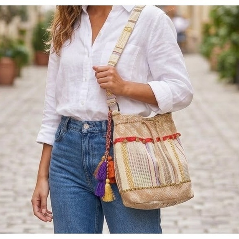 Stela 9 Beige Drawstring Tote Shoulder Bag Purse 100% COTTON Made In India